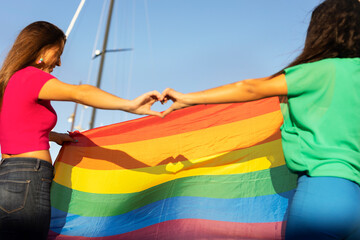 Obraz premium Happy couple of lesbian ladies making a heart sign with their hands.