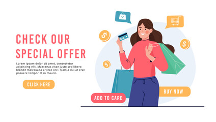 Woman with a credit card makes purchases. Banner template Cashless payment concept. Discounts, special offer for credit card payment. Business landing page for shops vector template