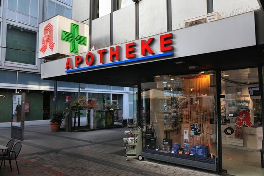GELSENKIRCHEN, GERMANY - SEPTEMBER 17, 2020: Pharmacy store in Gelsenkirchen, Germany. There are some 19,000 pharmacies in Germany (2018).