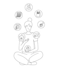 Young woman juggles daily activities. Vector outline illustration of day-to-day activities like work, children, hobby