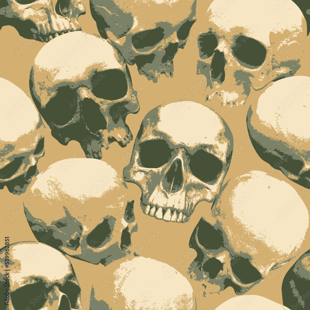 Poster seamless pattern with human skulls. vector background with sinister smiling skulls in retro style. g