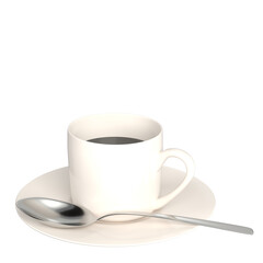 3d rendering illustration of a coffee cup with saucer and spoon