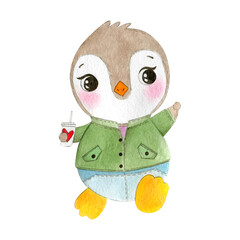 Watercolor illustration - cute baby penguin holds cup of coffee. Cute animal character.