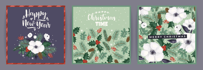 Fototapeta na wymiar Christmas and Happy New Year cards with Christmas tree and white flowers. Vector design.