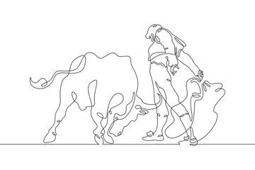 One continuous line. Spanish style bullfight. Spanish matador. Toreador in traditional costume. Bull in battle. One continuous line on a white background. - obrazy, fototapety, plakaty