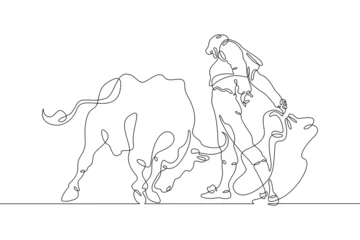 Foto auf Acrylglas One continuous line. Spanish style bullfight. Spanish matador. Toreador in traditional costume. Bull in battle. One continuous line on a white background. © derplan13