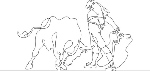 One continuous line. Spanish style bullfight. Spanish matador. Toreador in traditional costume. Bull in battle. One continuous line on a white background. - obrazy, fototapety, plakaty
