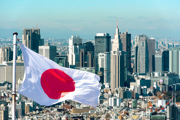 Panoramic view of Tokyo and Japanese flag, Japan.