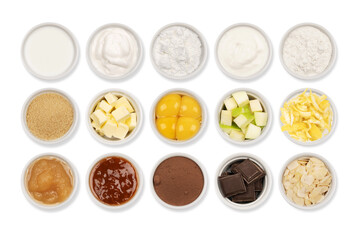 Cake ingredients. Isolated. Recipe. Flour, eggs, cream, compote, jam, almonds, milk, sugar, butter, chocolate. Top view. Transparent. Product. Sweet dessert. 