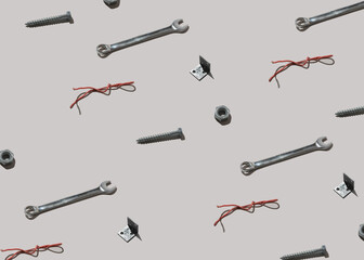 Industrial pattern made of different instruments scattered on light background upper view. Repair and improvement supplies. Design style