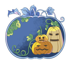 Fototapeta na wymiar Illustration for Halloween, pumpkins and vines, digital art, colorful cartoon.
