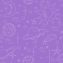 Hand drawn space elements. Seamless colored background with white lines. Space pattern with planets and stars. Space doodle illustration.
