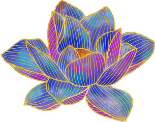 Hand drawn blue lotus with golden outline flower ornament