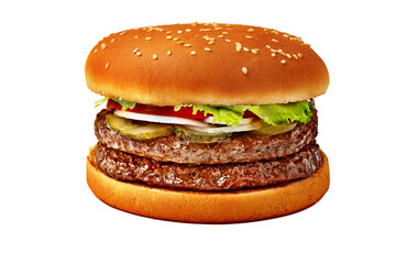 Fresh burger with beef patty isolated on white background