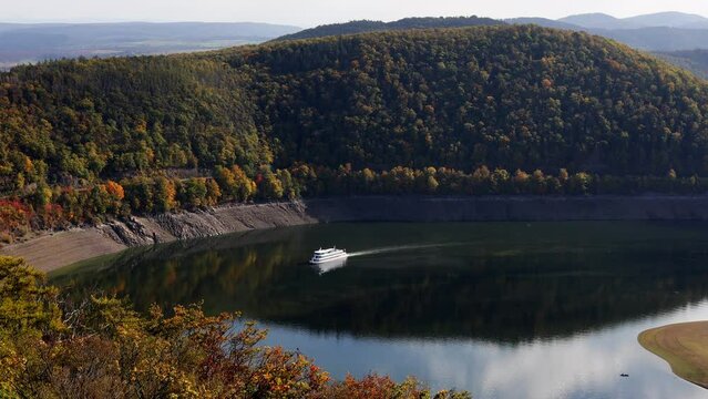 the german edersee lake with a passenger ship at very low water 4k 30fps video