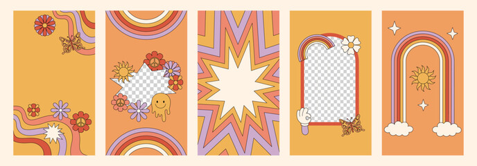 Vector set of design elements and illustrations in simple linear style. 70s groove posters. Boho and hippie design elements and frames for social media stories and posts. 