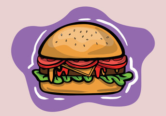 Hand drawn Lettuce Tomato Onion Cheese Beef and Sauce Close Vector Realistic Hamburger Classic Burger American Cheeseburger Isolated On White Background. Fast food
