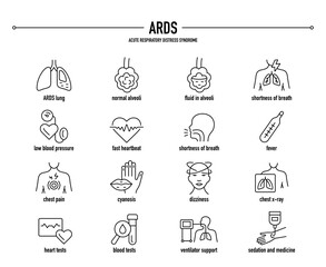 ARDS, Acute Respiratory Distress Syndrome vector icon set. Line editable medical icons.