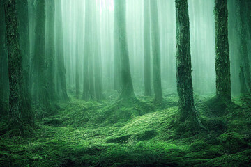 Fototapeta na wymiar Spooky foggy green forest environment wallpaper background