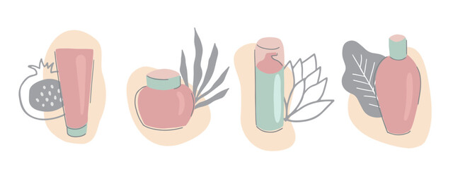 Collection of skincare products with floral elements. Set of different tubes and bottles with cleansers, lotions, moisturizers, serums. Flat vector illustration