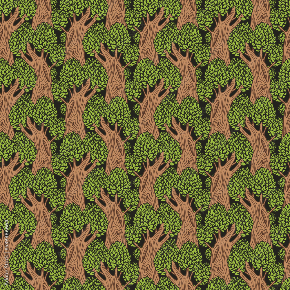 Aufkleber seamless pattern with old deciduous trees. vector background with dense forest in a flat cartoon sty