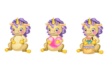 Unicorn watercolor illustration. pictures for birthday and holiday decorations.