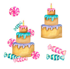 Watercolor illustration of cake, candy and cakes. confectionery, large three-tier cake for the holiday