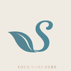 Letter S leaf logo.Alphabet initial.Lettering sign isolated on light fund.Decorative style icon for brand identity.Beauty, spa font monogram.Plant, petal shape.Healthy lifestyle concept.