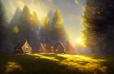 Naklejka na ściany i meble Small tudor cottage in a field near a pine forest. blue sky illustration