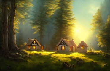 Small tudor cottage in a field near a pine forest. blue sky illustration