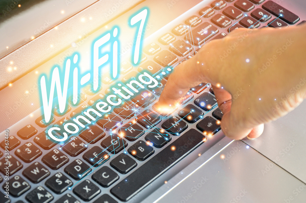 Poster concept man using wifi technology 7 connected to the internet world with new technology