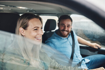 Couple, happy and road trip car travel of people with a smile using motor transportation....