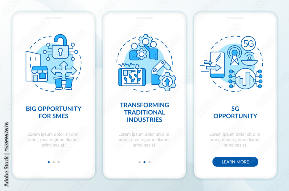 Poster iot business rebuild blue onboarding mobile app screen. benefits walkthrough 3 steps editable graphi
