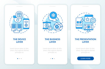 IoT applications technologies blue onboarding mobile app screen. Walkthrough 3 steps editable graphic instructions with linear concepts. UI, UX, GUI template. Myriad Pro-Bold, Regular fonts used