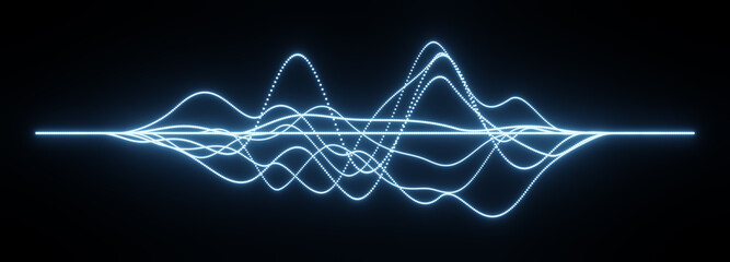 Illustration of blue 3D abstract wireframe sound waves, visualization of frequency signals audio wavelengths, conceptual futuristic technology waveform background with copy space for text