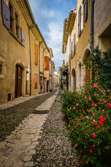 Fototapeta na wymiar Medieval houses and cobblestone street in the village of Rochemaure, in the South of France (Ardeche)