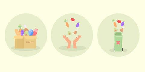 Sustainability illustration set. Characters reducing food waste, donate, Reduce, reuse, recycle and zero waste concept. Vector illustration.