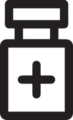 Drugstore. Medicine bottle and pills. Medicament. Black and white icon. Vector illustration
