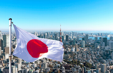 Panoramic view of Tokyo and Japanese flag, Japan. - 539968435