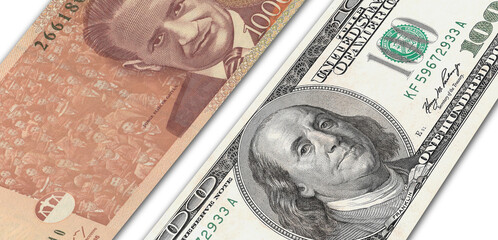 Colombian peso and US 100 bill. Close up Colombian banknotes and US banknotes. 3D render
