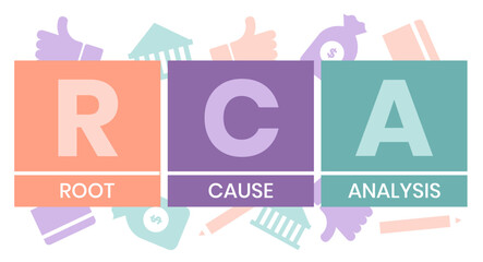 RCA - Root Cause Analysis acronym. business concept background. vector illustration concept with keywords and icons. lettering illustration with icons for web banner, flyer, landing page