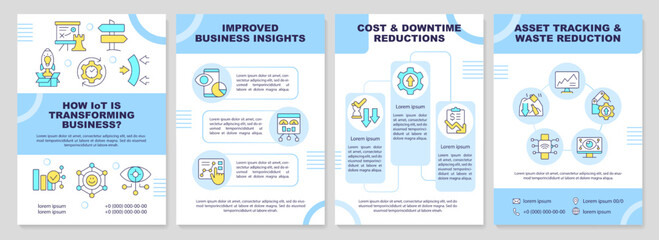 IoT business effects blue brochure template. Transformation. Leaflet design with linear icons. Editable 4 vector layouts for presentation, annual reports. Arial-Black, Myriad Pro-Regular fonts used