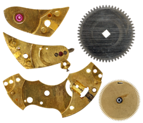Parts of clockwork mechanism on transparent background