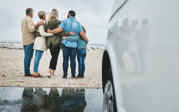 Travel, Love And Big Family Hug At Ocean For Bonding Experience On Road Trip In Australia. Adventure, Beach And Drive For Holiday Break Sightseeing With Parents, Grandparents And Child.