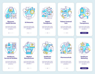 Naklejka premium Healthcare trends onboarding mobile app screen set. Key segments walkthrough 5 steps editable graphic instructions with linear concepts. UI, UX, GUI template. Myriad Pro-Bold, Regular fonts used