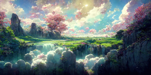WIde Angle Japanese Anime Landscape Background. Clear Sky with Dynamic Sunlight See Through Sakura Cloud. Sakura Tree. Beautiful Wildness Fantasy Scenery.