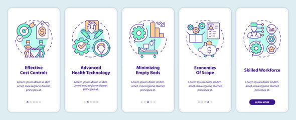 Health care competition advantages onboarding mobile app screen. Walkthrough 5 steps editable graphic instructions with linear concepts. UI, UX, GUI template. Myriad Pro-Bold, Regular fonts used