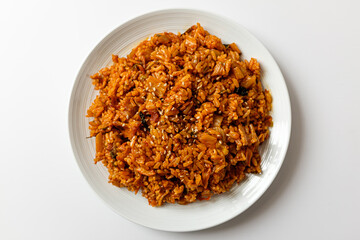 Kimchi fried rice on white background