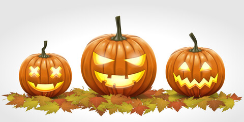 Halloween pumpkins, funny faces. Autumn holidays. vector image