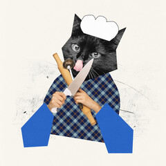 Contemporary art collage. Creative design. Cat's head with chef hat and human hand holding cooking...